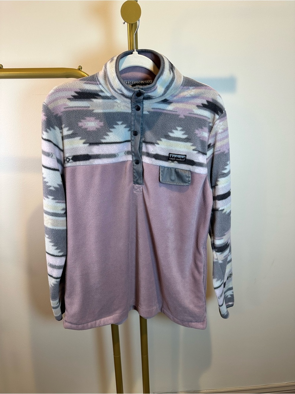 Simply Southern Sz L Pullover Fleece Snap-T in Dusty Pink & Gray - Picture 3 of 5